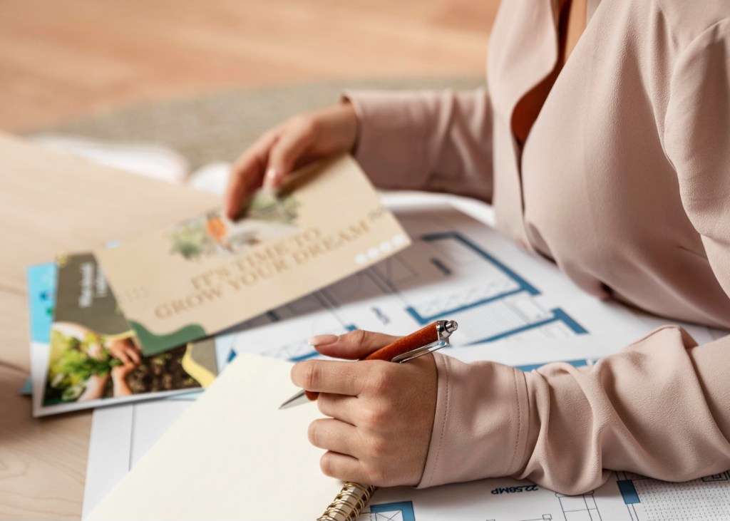Close-up of a woman’s hands holding brochures and writing notes with a pen on a notepad, with documents and charts on the table.
