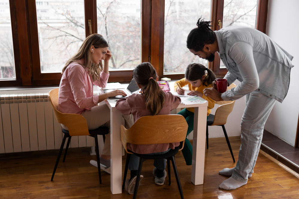 Mother working on a laptop at the kitchen table to prepare for an IEP meeting while her husband helps their children with homework.